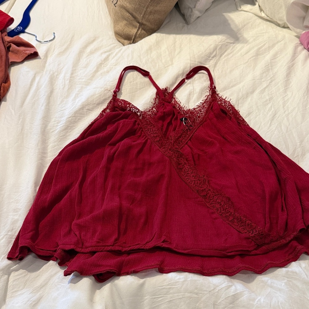 Simplee Apparel Red Lace Trim Blouse